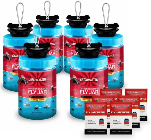 Miniatura 14 de Catchmaster - Trampa para moscas reutilizable para exteriores, 2 tarros azules colgantes con cebo Catches house, bottle & blowflies, Food-based