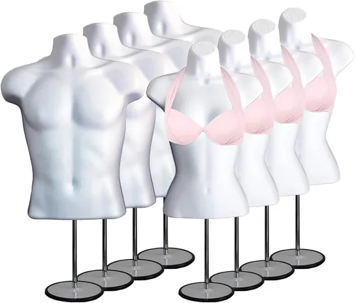 Miniatura 25 de Torso de maniquí masculino y femenino con soporte de metal, cuerpo hueco en la espalda, forma de vestido apilable para exhibición de camisetas, Gris