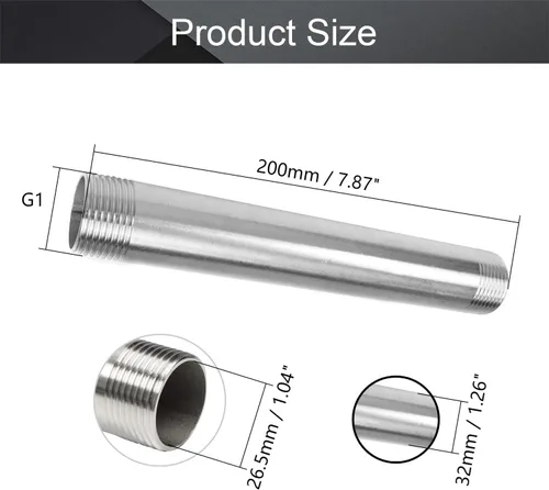 Miniatura 2 de MroMax 1 unids G1 304 accesorios de tubería de acero inoxidable G1 X G1 rosca macho tubería redonda 7.874 in de longitud recto pezón fundido tubo