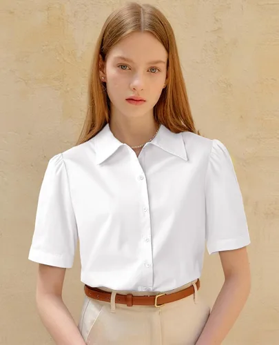 Miniatura 4 de Gleeivy Camisas de botones para mujer de manga corta abombada, camisas de vestir abotonadas con cuello ajustado, blusa superior de trabajo