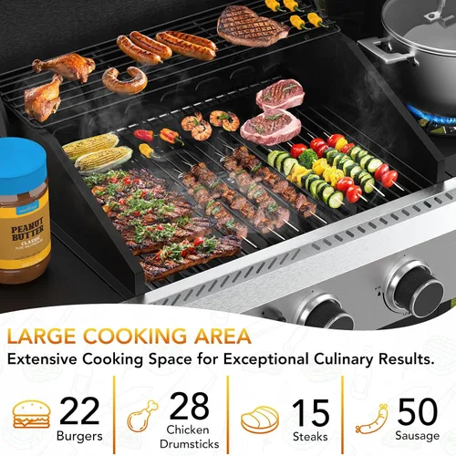 Miniatura 4 de Barbacoa de 3 quemadores de gas propano con quemador lateral, parrilla de barbacoa de acero inoxidable con rejillas de hierro fundido esmaltadas