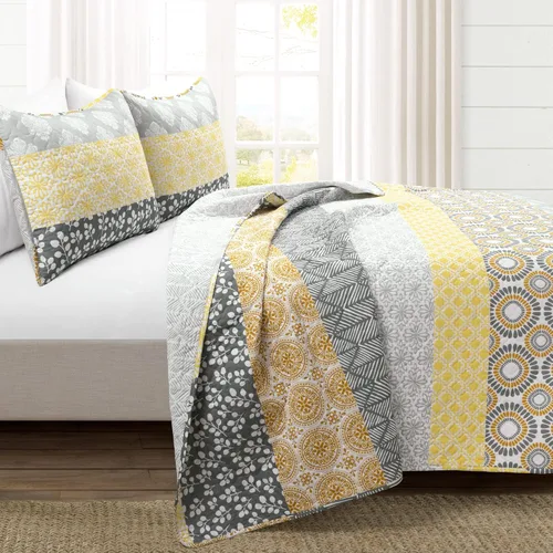 Miniatura 2 de Lush Decor Juego de colcha reversible de algodón con diseño bohemio a rayas, juego de 3 piezas, matrimonial/reina, amarillo y gris - Juego de ropa