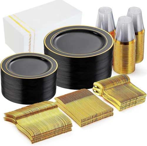 Miniatura 15 de GATHER 350 platos de plástico dorados. El juego de vajilla de plástico desechable blanco y dorado incluye 50 platos llanos, 50 platos de postre, 150