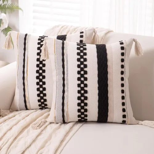 Juego de 2 fundas de almohada bohemias de 18 x 18 pulgadas, fundas de almohada de estilo granja tejidas con mechones y borlas, funda de cojín con