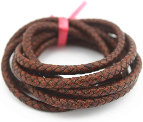Glory Qin Cordón redondo de cuero genuino trenzado Bolo de 2 yardas para hacer pulseras y joyas (café vintage, 0.236 in)