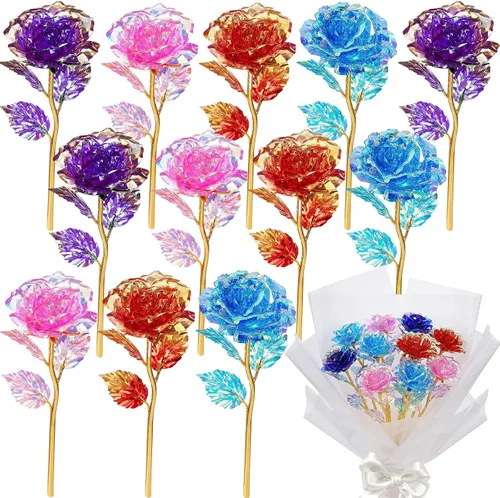 Wowagoga 12 flores artificiales de rosa galaxia de 24 quilates, 4 colores de rosas para siempre, regalos para mujeres, niñas, mamá, esposa, hijas,