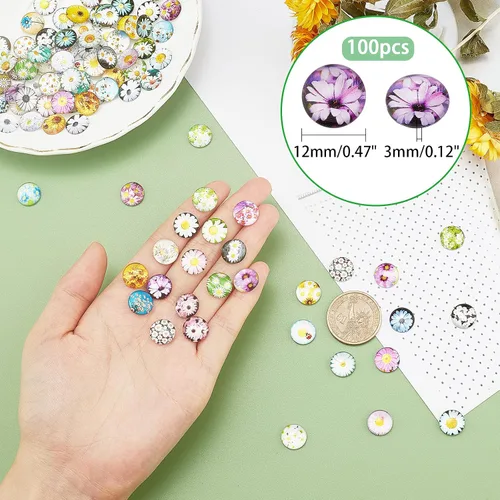Miniatura 5 de PH PandaHall 100 unidades de cabujones de cristal de margarita de 0.472 in de mosaico redondo de flores de mosaico medio redondo impreso de vidrio