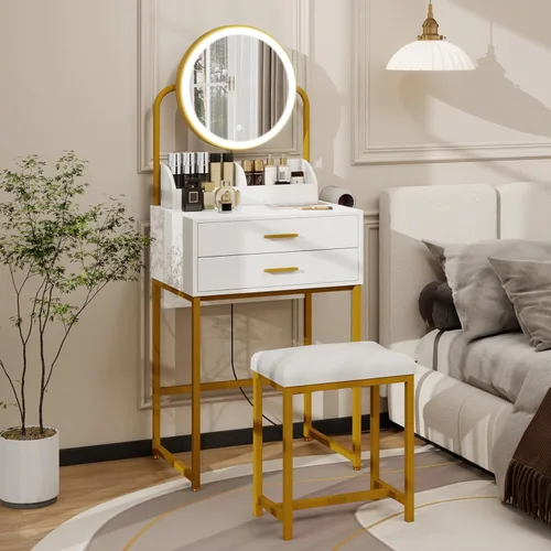 Miniatura 7 de ARTETHYS Escritorio pequeño con espejo y luces, tocador de maquillaje compacto blanco con silla, moderno tocador que ahorra espacio con cajón