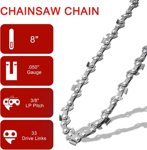 Miniatura 2 de O-CONN Paquete de 4 cadenas de sierra de poste/motosierra de 8 pulgadas, paso LP de 3/8", calibre .050", 33 eslabones de transmisión para Chicago