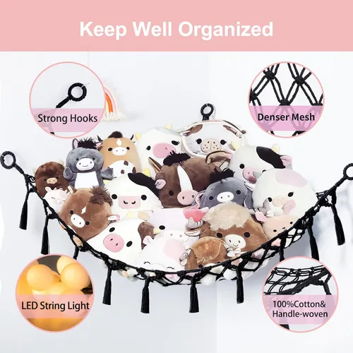 Miniatura 5 de Red de Animales de Peluche o Hamaca con Luz, Yewiwin Red Colgante de Macramé Hamaca para Organizador de Almacenamiento de Juguetes de Animales
