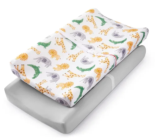 TILLYOU Funda para Cambiador de Bebé, Cubierta de Mesa Cambiadora para Niñas y Niños, Ultra Suave y Transpirable, Paquete de 2 Estepa Africana y Gris