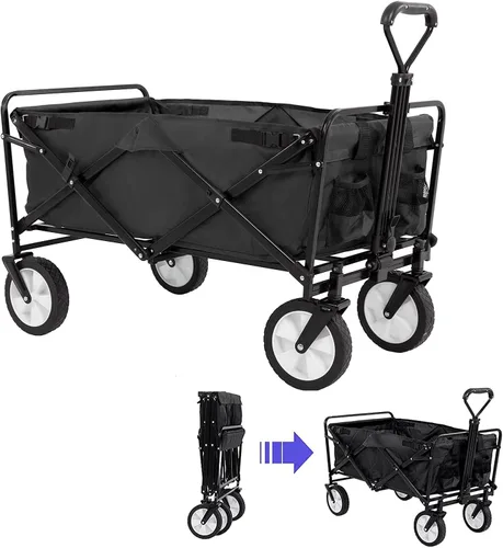Carrito plegable de jardín con ruedas todo terreno, carro plegable resistente para uso al aire libre, giratorio de 360 grados, negro, 35 x 19.7 x