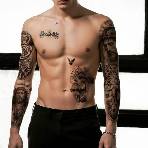 Miniatura 8 de Yazhiji 48 hojas de tatuajes temporales cristianos de brazo completo para adultos, tatuajes falsos de medio brazo religiosos de Jesús Cristo, cruz