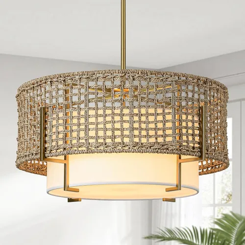 Miniatura 11 de Lámpara Colgante de Ratán, Candelabro Boho de 12.6" con Pantalla de Tela, Lámpara Colgante Estilo Granja Candelabro para Comedor, Sala de Estar