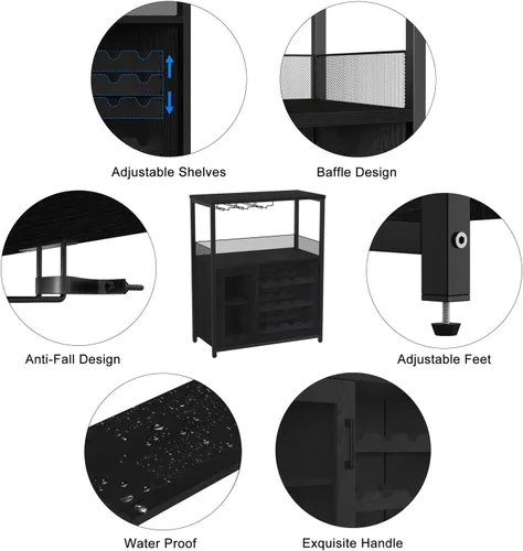 Miniatura 8 de IDEALHOUSE Armario de bar de vinos de 3 niveles con estante y cajón desmontable para vinos, aparador industrial y gabinete de buffet con soporte