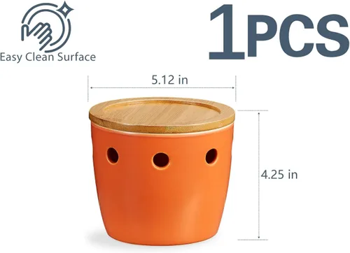 Miniatura 6 de ONEMORE Porta ajos grande con tapa, recipiente de ajo cerámico de 5 pulgadas, porta ajos para mostrador, naranja