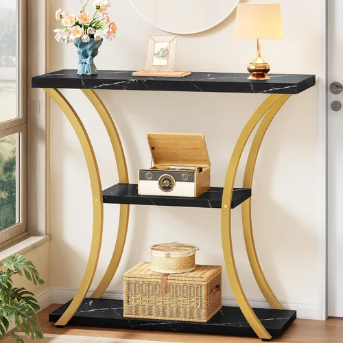 Miniatura 10 de Hoctieon - Mesa de recibidor de 3 niveles con estantes de madera abiertos, mesa decorativa para entrada con marcos curvos de metal, mesa de sofá