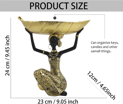 Miniatura 3 de Lescafita Escultura de mujer africana con cuenco de hoja de oro, figura de resina hecha a mano, estatua de arte tribal exótico para sala de estar