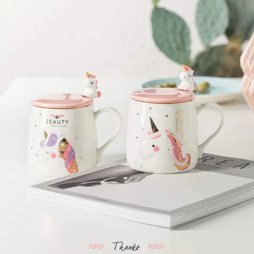Miniatura 7 de Taza de unicornio BigNoseDeer, linda taza de café de cerámica con adorable cuchara de unicornio, taza novedosa para la mañana, taza para café, té