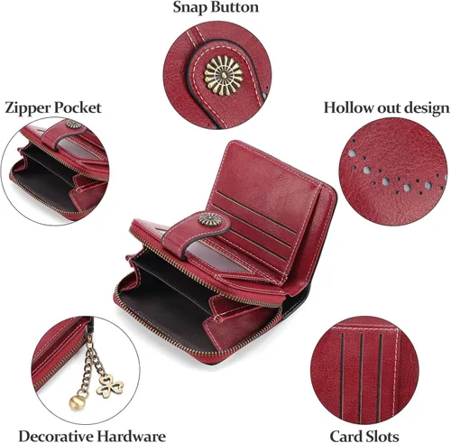 Miniatura 4 de Cartera pequeña para mujer, de piel, plegable, compacta, con bloqueo RFID, con bolsillo con cremallera para monedas, A01 Rojo Vino, Classic