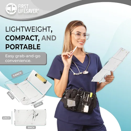 Miniatura 2 de First Lifesaver Portapapeles de enfermería de 3 capas plegables de aluminio para enfermeras, estudiantes de enfermería y médicos (mármol blanco)