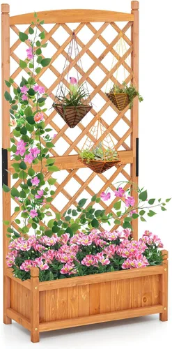 Miniatura 17 de Maceta de Jardín de Madera Giantex con Enrejado, Cama Elevada de 180 cm para Jardín, Enrejado Alto para Plantas Trepadoras y Flores, Maceta