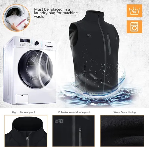 Miniatura 4 de Chaleco calefactor, chaleco calefactor, recargable, chaqueta calefactora con 3 niveles de calefacción, unisex, batería de ropa no incluida, Negro