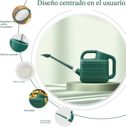 Miniatura 5 de Regadera de 2 galones, regadera de jardín al aire libre, lata de agua para plantas con boquilla larga extraíble y cabezal de rociador de acero Verde