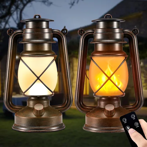 Faroles LED vintage con 2 modos de iluminación alimentados por pilas, para exteriores e interiores, paquete de 2 luces de bronce con llama