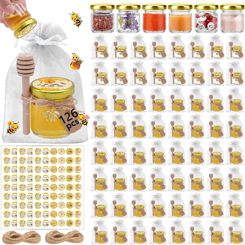Miniatura 12 de Aliggbent Paquete de 48 mini tarros de miel para fiestas a granel, tarros de miel pequeños hexagonales de vidrio de 1.5 onzas con varitas de miel