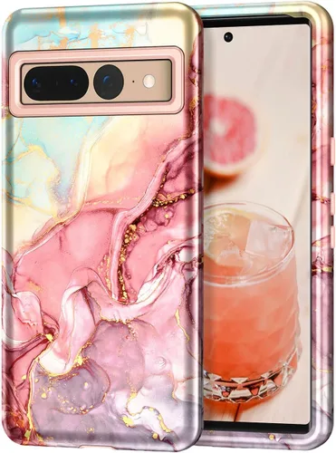 Btscase Funda para Google Pixel 7 Pro, patrón de mármol 3 en 1, resistente a prueba de golpes, cuerpo completo, policarbonato duro y suave