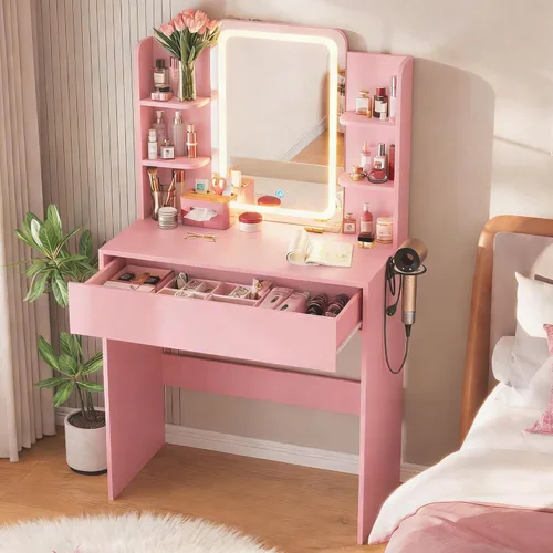 Miniatura 8 de HAIOOU Escritorio pequeño con espejo y luces, escritorio de maquillaje con cajón de almacenamiento, tocador compacto con estante abierto de 3 Blanco