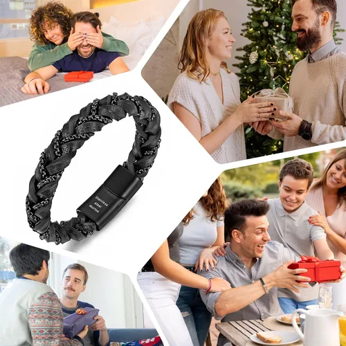 Miniatura 7 de murtoo Pulseras "Grilletes de la Libertad" para hombre, pulseras de cuero trenzado para hombre con cadenas de acero y cierre magnético, regalo
