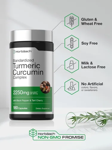 Miniatura 5 de Horbäach Suplemento de curcumina de cúrcuma 2250 mg 180 cápsulas con pimienta negra y cereza agria Sin OMG y sin gluten