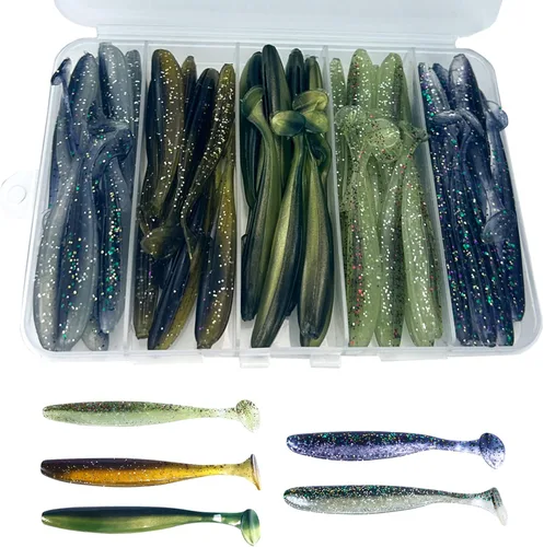 Miniatura 9 de Cebos de natación de cola de paleta, señuelos de pesca de plástico suave, cebos de natación para pesca de lubina, 30/50 piezas con caja, cebos de E