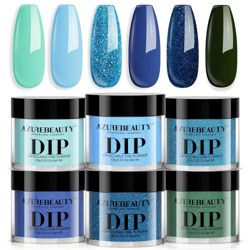 Miniatura 13 de AZUREBEAUTY Juego de uñas en polvo de inmersión, 6 colores con purpurina, rojo, verde, plateado, dorado, kit de iniciación de polvo de inmersión