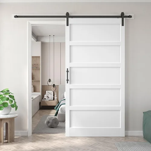 Miniatura 51 de Fredbeck Puerta de granero blanca de 30 x 84 pulgadas con kit de herrajes para puerta corredera de 5.5 pies incluido y asa, sólida, MDF, superficie