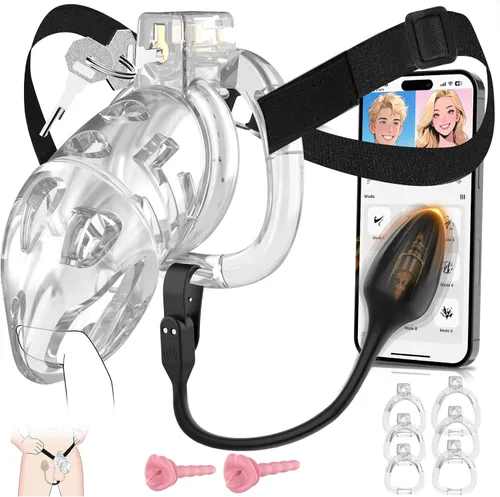 Miniatura 10 de Jaula de castidad masculina – Jaula de pene suave y ligera con 6 tamaños de anillos, correa negra, vibrador controlado por aplicación, cómodo Negro