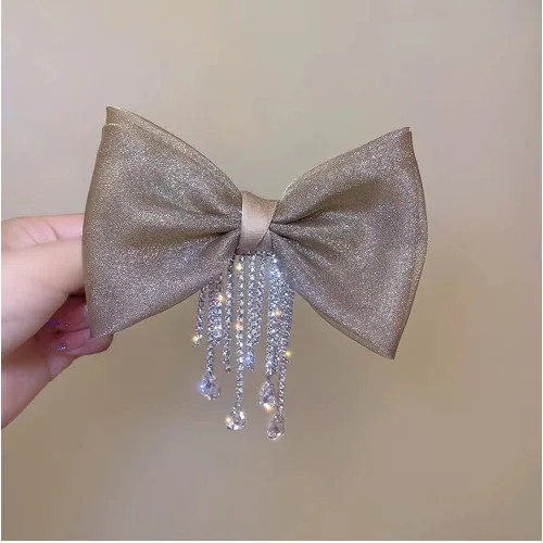 Miniatura 2 de Pasador de pelo de lujo con lazo de malla de diamante con borla de cristal, clip de resorte, horquilla en la parte posterior de la cabeza, horquilla