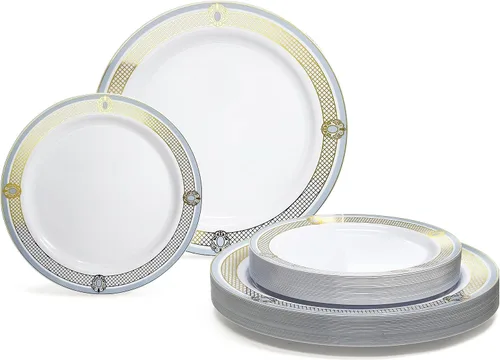 Miniatura 13 de OCASIONES" Paquete de 50 platos (25 invitados) - Juego de platos de plástico desechables pesados para fiestas de boda - 25 x 10.5'' cena + 25 x