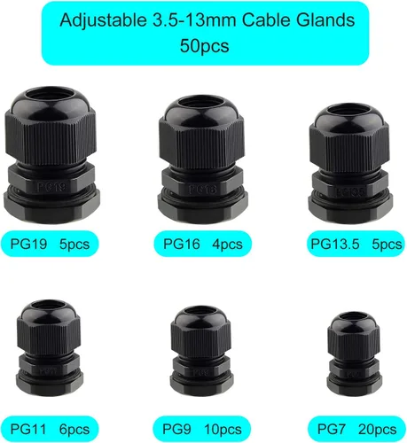 Miniatura 2 de TUPARKA Paquete de 50 conectores de cable impermeables ajustables de 3 a 0.630 in, PG7 PG9 PG11 PG13.5 PG16 PG19 de plástico con juntas en caja
