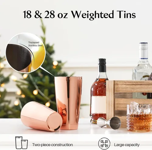 Miniatura 3 de WOTOR Juego de coctelera Boston, latas de coctelera de acero inoxidable ponderadas de 18 oz y 28 oz, coctelera de metal para Martini y mezclador