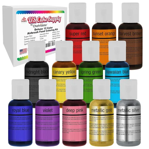 U.S. Cake Supply Juego de colores para tartas de aerógrafo, los 12 colores más populares en botellas de 0.64 onzas líquidas (0.6 fl oz) fabricadas