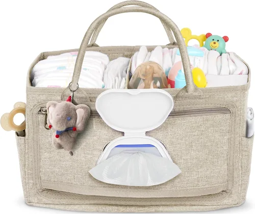 Volnamal Organizador de pañales con dispensador de toallitas con acceso con una sola mano, organizador de pañales de alta calidad, organizador Beige