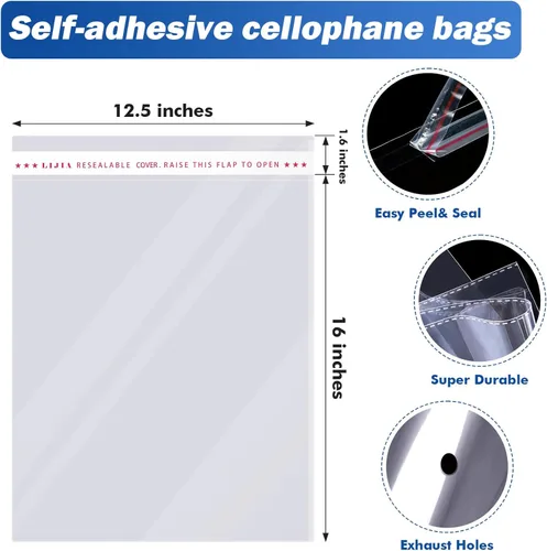 Miniatura 4 de Bolsas de celofán resellables grandes, 12.0 x 16.0 in, bolsas de plástico transparente autosellables, bolsas de plástico selladas, a granel