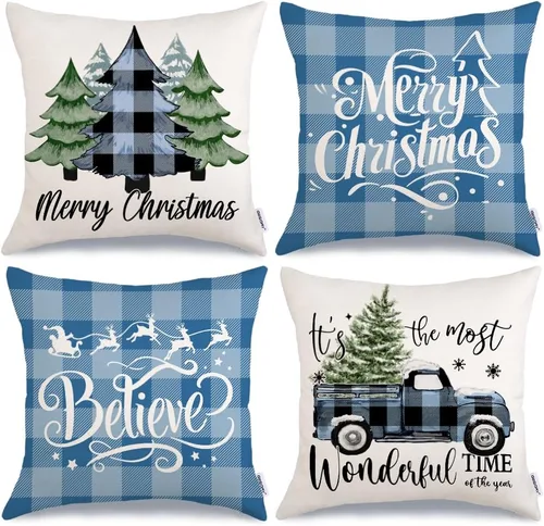 GEEORY Fundas de Almohada Decorativas Feliz Navidad 16x16 Pulgadas Juego de 4, Árboles de Navidad Camión Cuadros Buffalo Azul Believe Estilo Granja