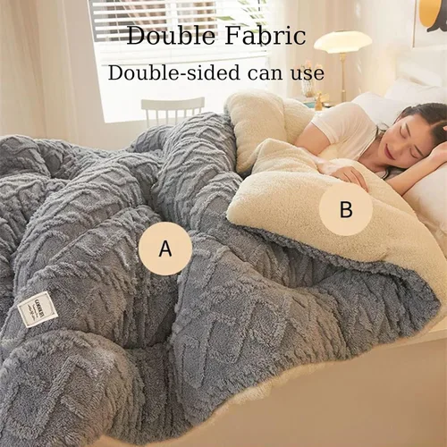 Miniatura 3 de Edredón de felpa de cordero grueso de doble capa, edredón cálido para invierno, edredón jacquard a cuadros de hibisco, manta de cama gruesa