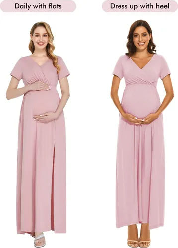 Miniatura 4 de Liu & Qu Vestido de maternidad de manga corta, cintura fruncida, casual, vestido de embarazo con abertura para sesión de fotos, baby shower