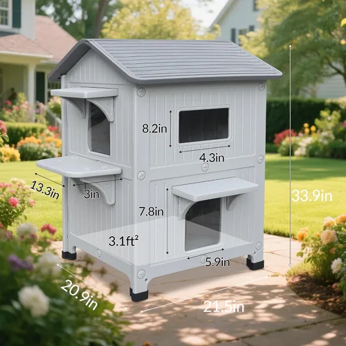 Miniatura 9 de Casa para gatos al aire libre, casas de 2 pisos al aire libre para gatos salvajes, refugio exterior de plástico, resistente a la intemperie