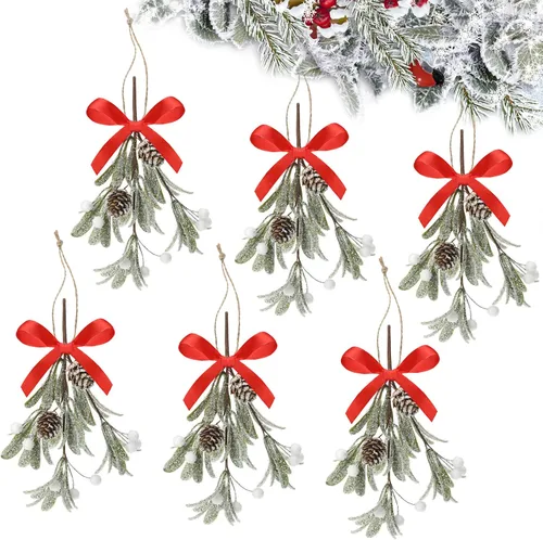 Miniatura 9 de Giegxin 1 pieza Adorno de Navidad Artificial de Muérdago Colgante con Lazo Rojo Bouquet de Adornos Colgantes de Navidad Floral con Piñas Naturales